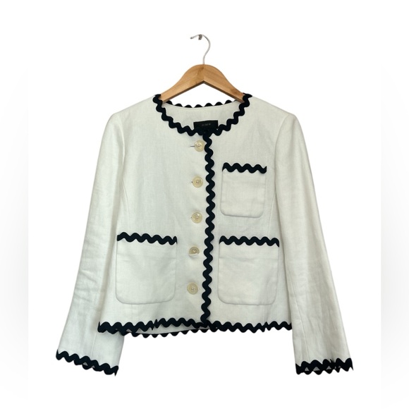 J.Crew Linen Blend WhiteBlack Trim Scallop Zig Zag Casual Work Blazer Size 10 - Picture 2 of 13